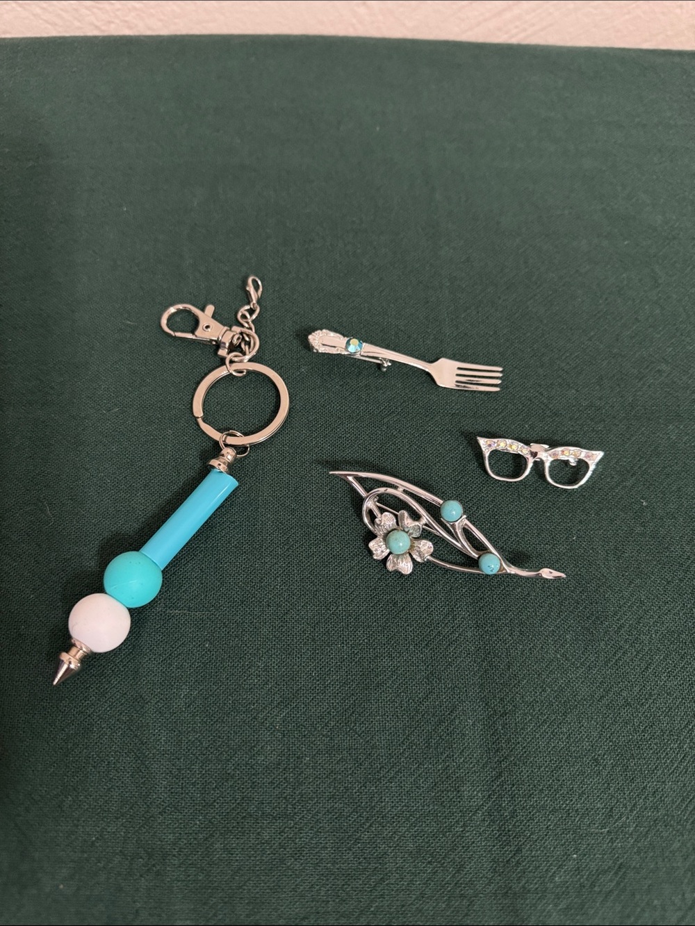 Blue and White Bead Keychain and Turquoise Accent Brooch Set